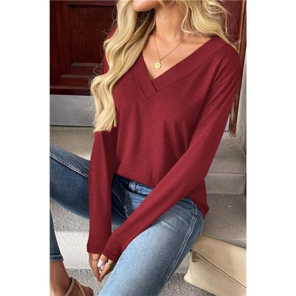 V-Neck Long Sleeve Top – Floral & Solid Casual Blouse - Picture 2 of 4